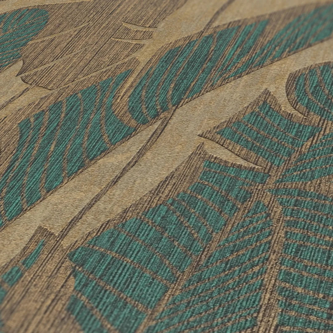 Midnight Leaves Wallpaper in Teal on Gold