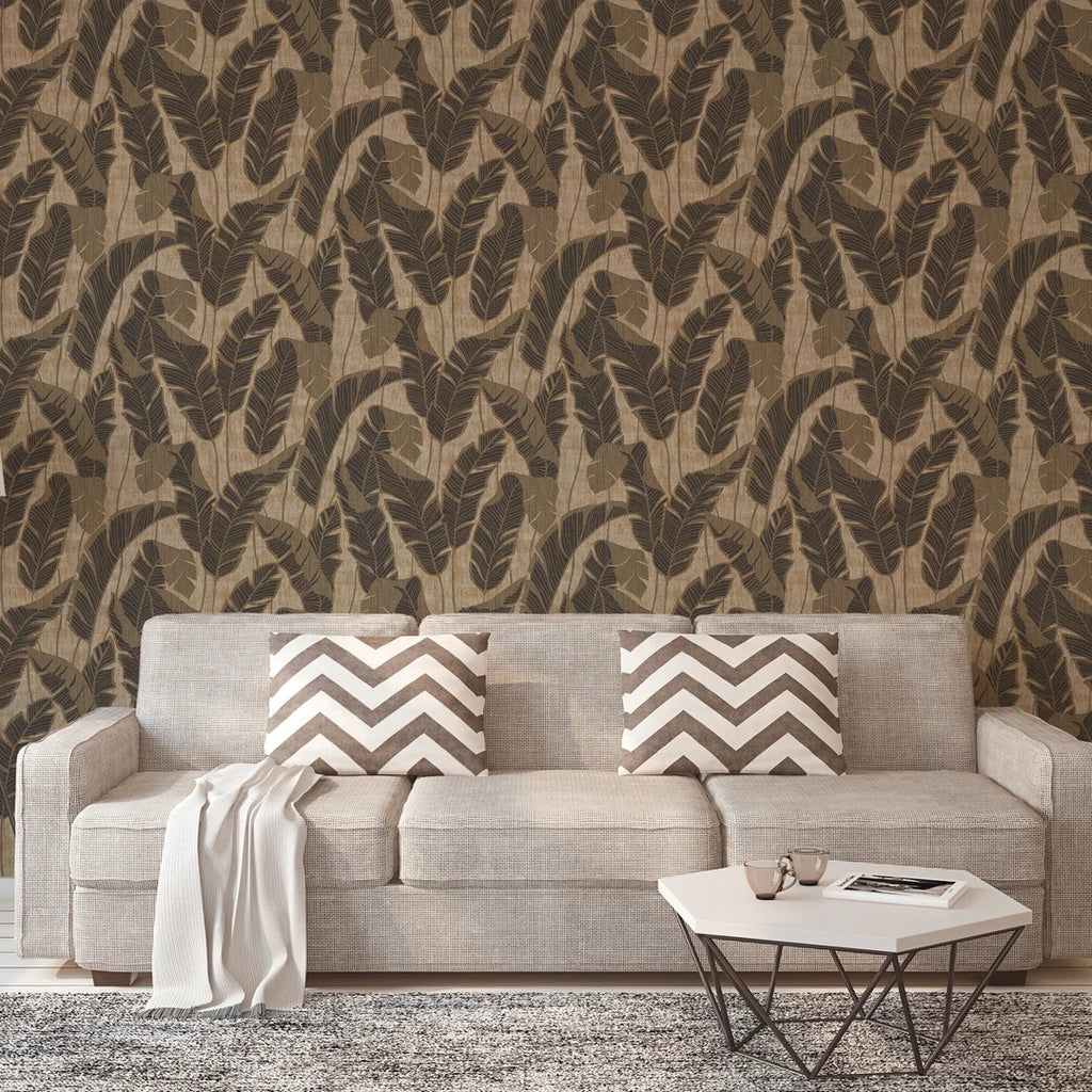 Midnight Leaves Wallpaper in Brown on Beige