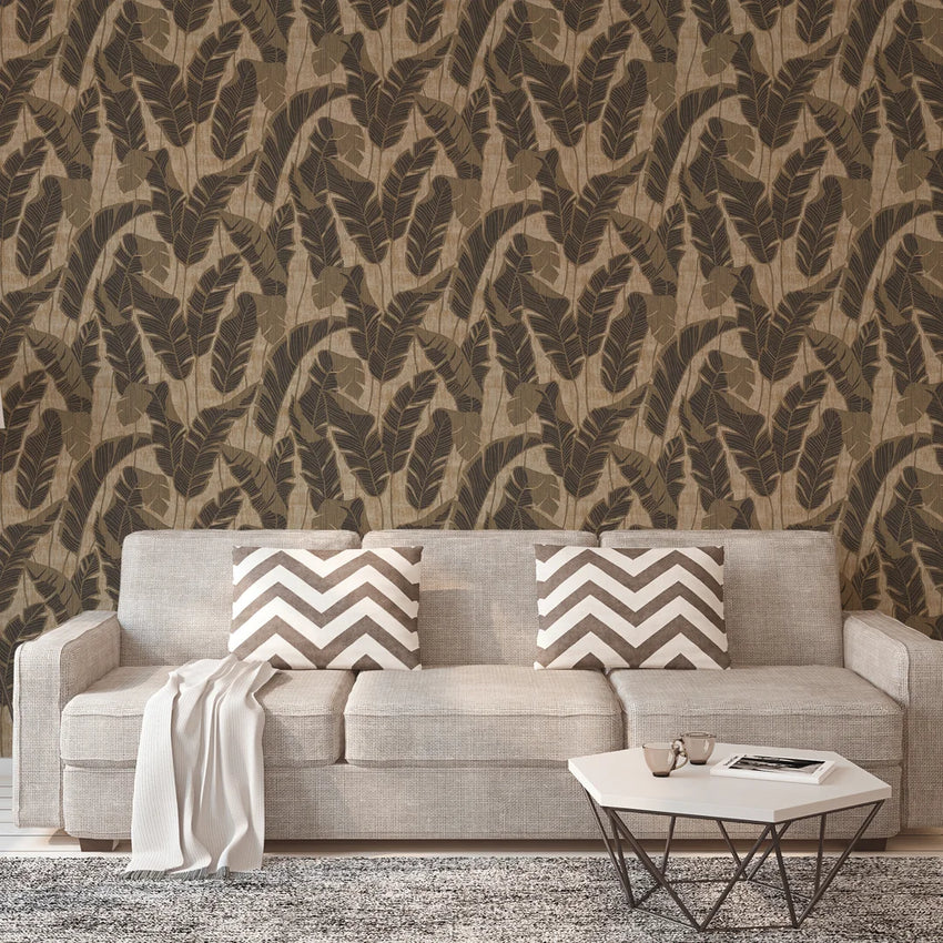 Midnight Leaves Wallpaper in Brown on Beige