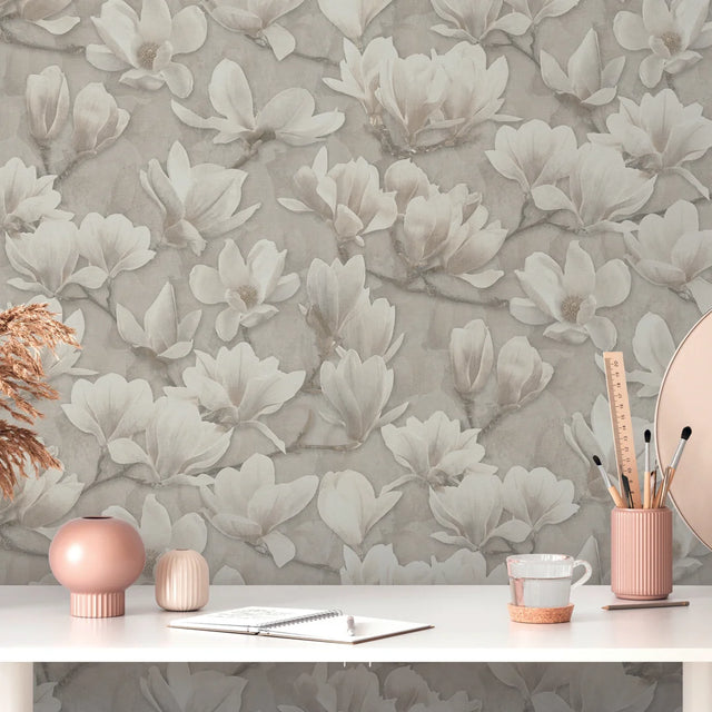 Gentle Blossoms Wallpaper in White on Grey