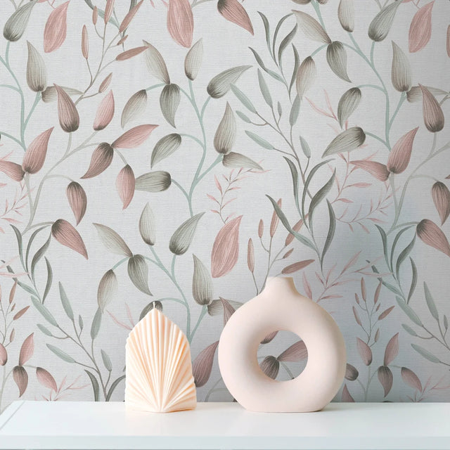 Whispering Vines Wallpaper in Green and Pink