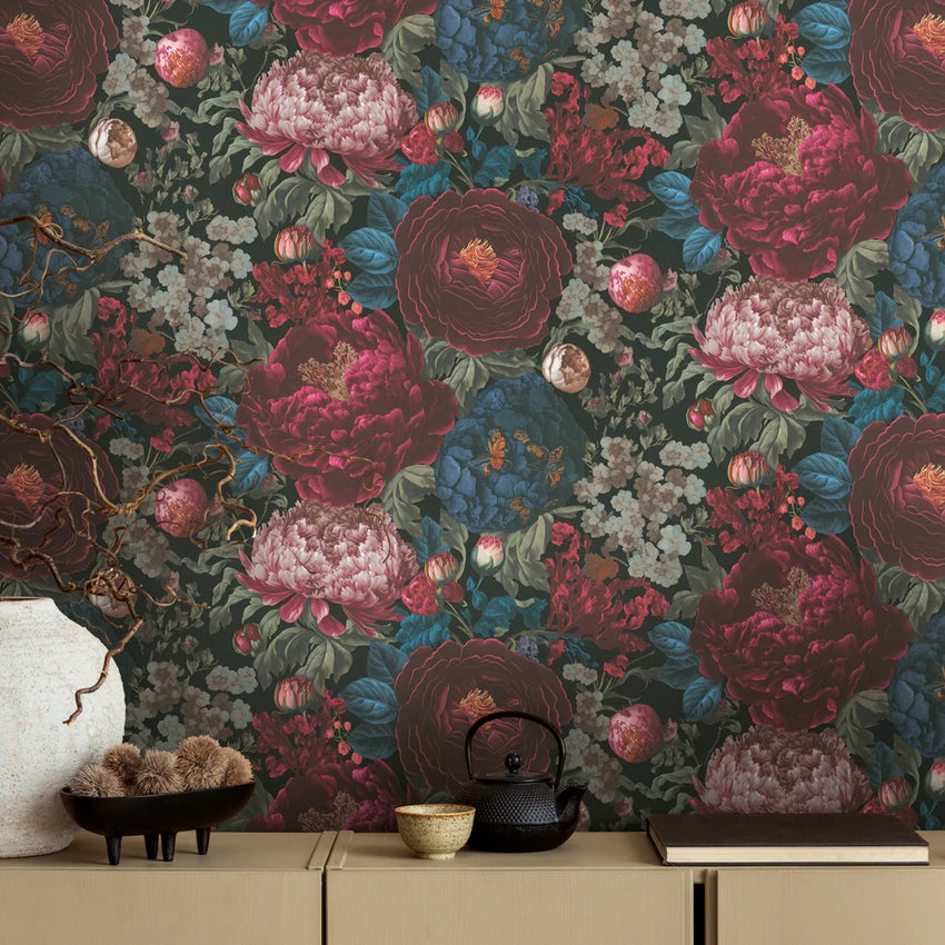 Grand Peony Garden Wallpaper in Burgundy and Blue