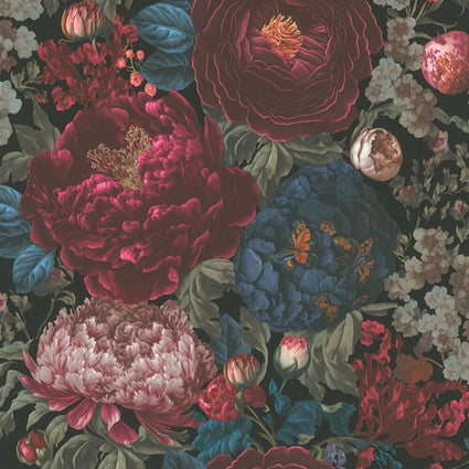 Grand Peony Garden Wallpaper in Burgundy and Blue