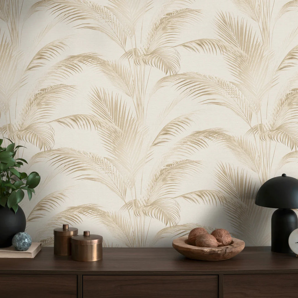 Metallic Palms Wallpaper in Cream