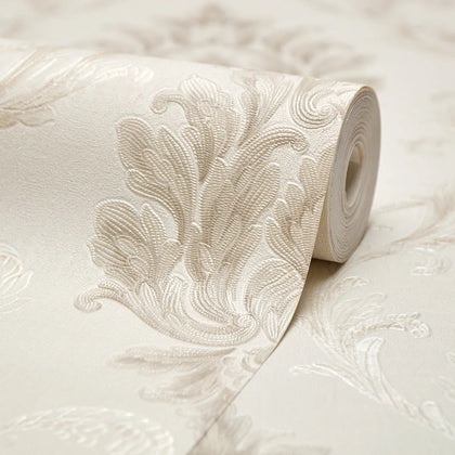 Aurora Damask Wallpaper in Shimmering Ivory with shades of Silver