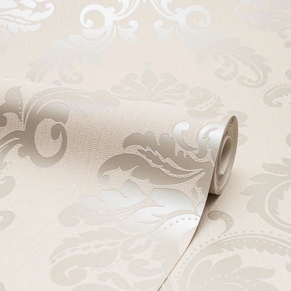 Chelsea Glitter Damask Wallpaper in Cream and Gold