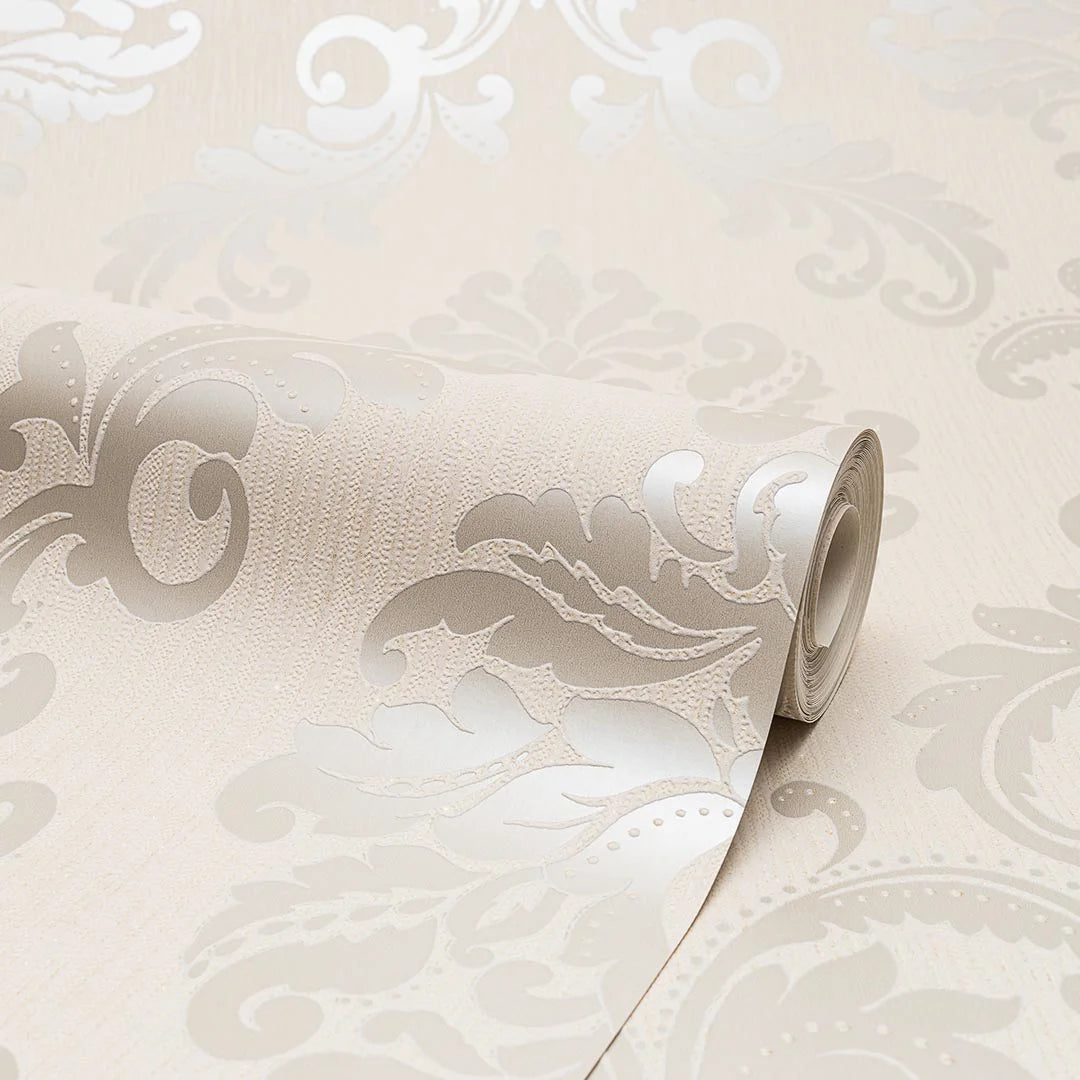 Chelsea Glitter Damask Wallpaper in Cream and Gold