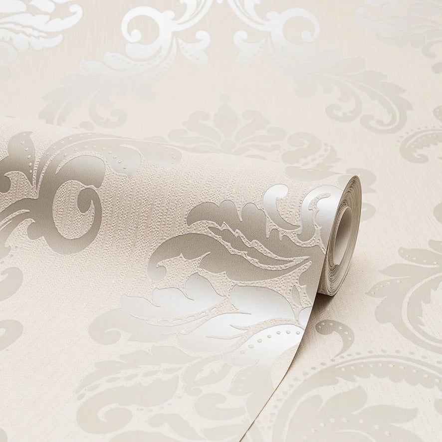 Chelsea Glitter Damask Wallpaper in Cream and Gold