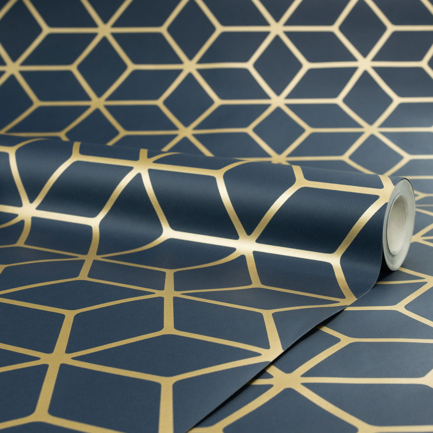 Cubic Shimmer Metallic Wallpaper in Navy Blue and Gold