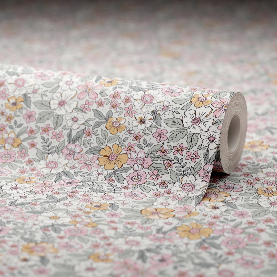 Ditsy Gardenia Wallpaper in Sage Green and Pink