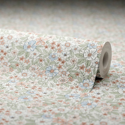 Ditsy Gardenia Wallpaper in Sage, Soft Blues and Peach