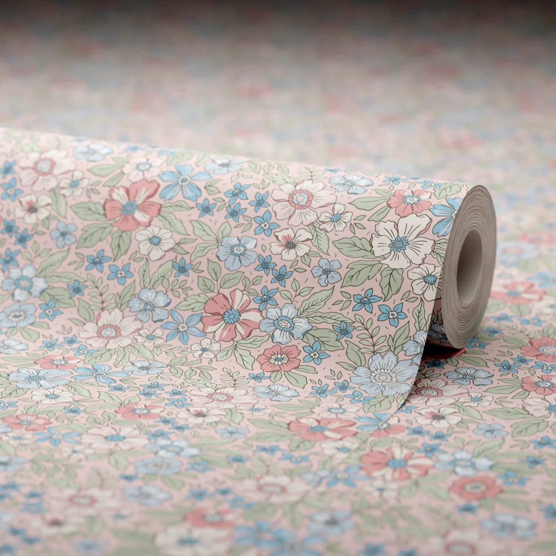 Ditsy Gardenia Wallpaper in Soft Blue and Sage on Soft Pink