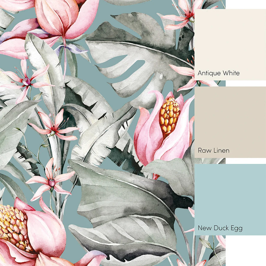 Exotic Flowers Mural in Teal, Green and Pink
