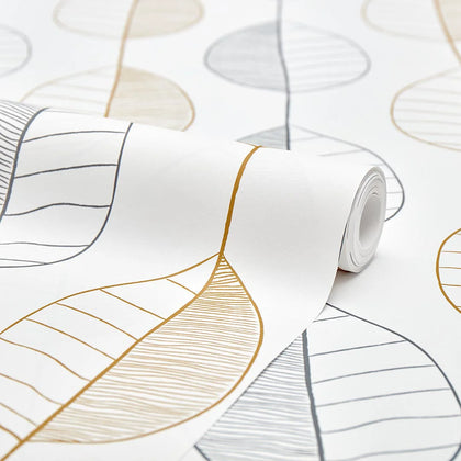 Fika Leaf Wallpaper in White and Grey and Mustard