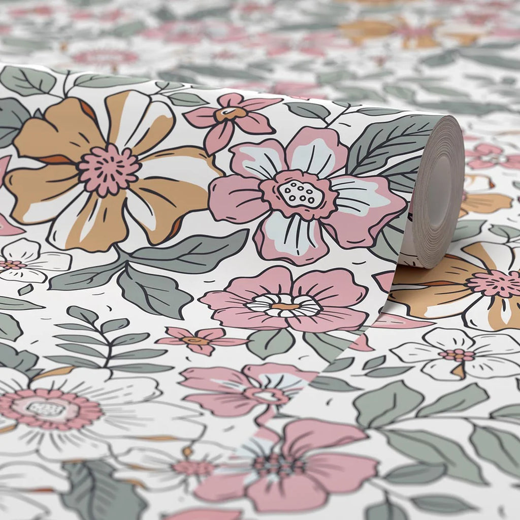 Gorgeous Gardinea Wallpaper in Sage Green and Pink on White