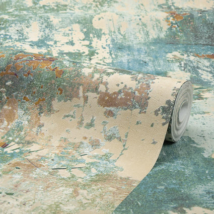 Patina Concrete Effect Wallpaper in Teal and Ochre