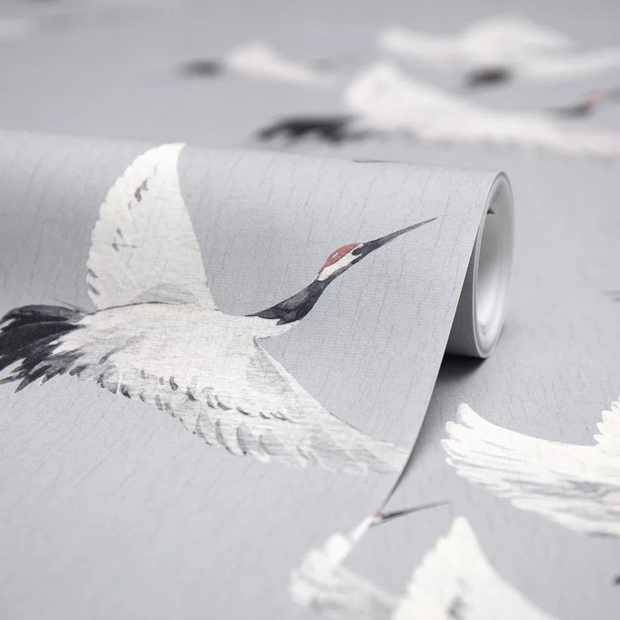Soaring Cranes Wallpaper in Grey
