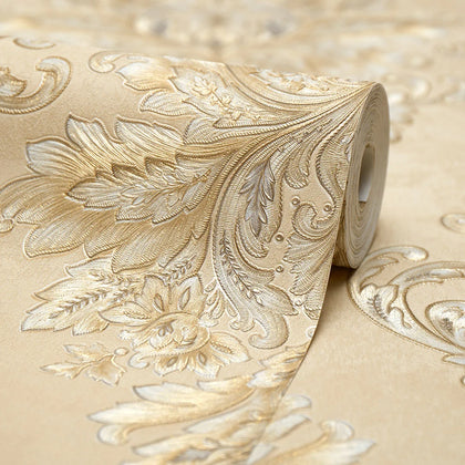 Jasmine Damask Wallpaper in Sand with Metallic Gold
