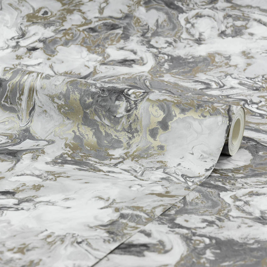 Liquid Marble Wallpaper in Grey and Gold