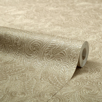 Palace Paisley Wallpaper in Cream with Gold Sparkle