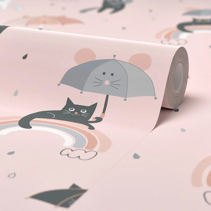 Raining Cats and Rainbows Wallpaper in Multicoloured