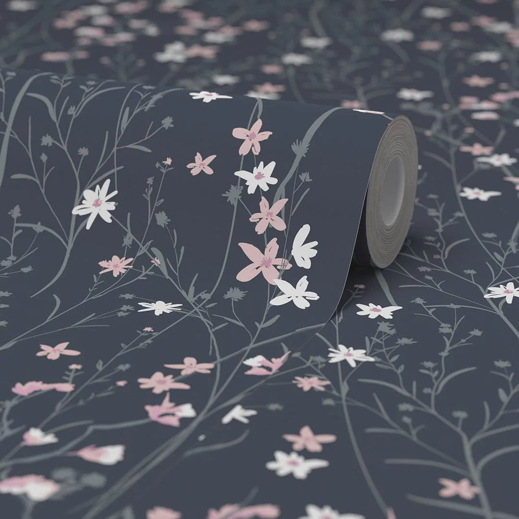 Summer Meadow Wallpaper in Navy and Pink