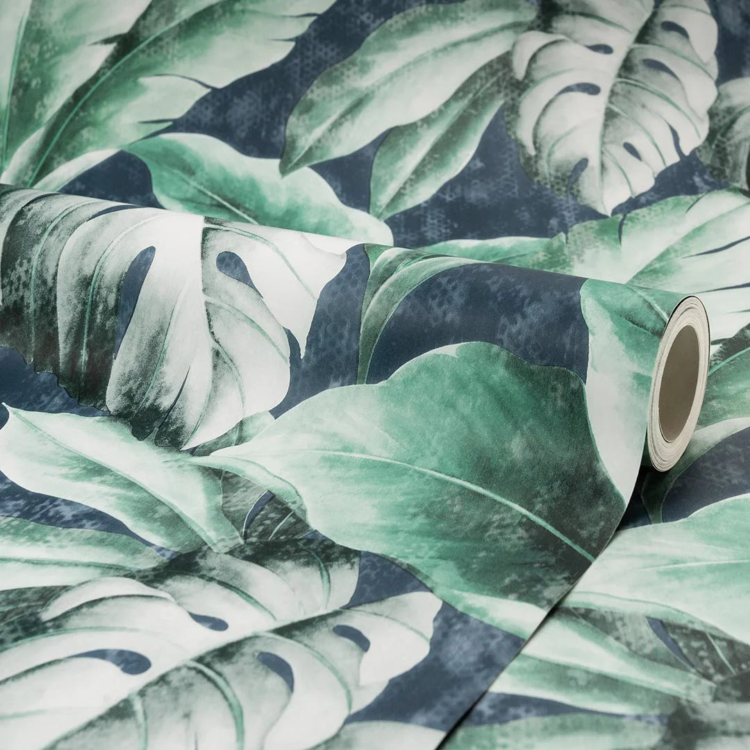 Tropicana Floral Leaf Wallpaper in Navy