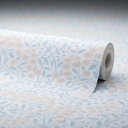 Vintage Daisy Wallpaper in Soft Blue and Peach