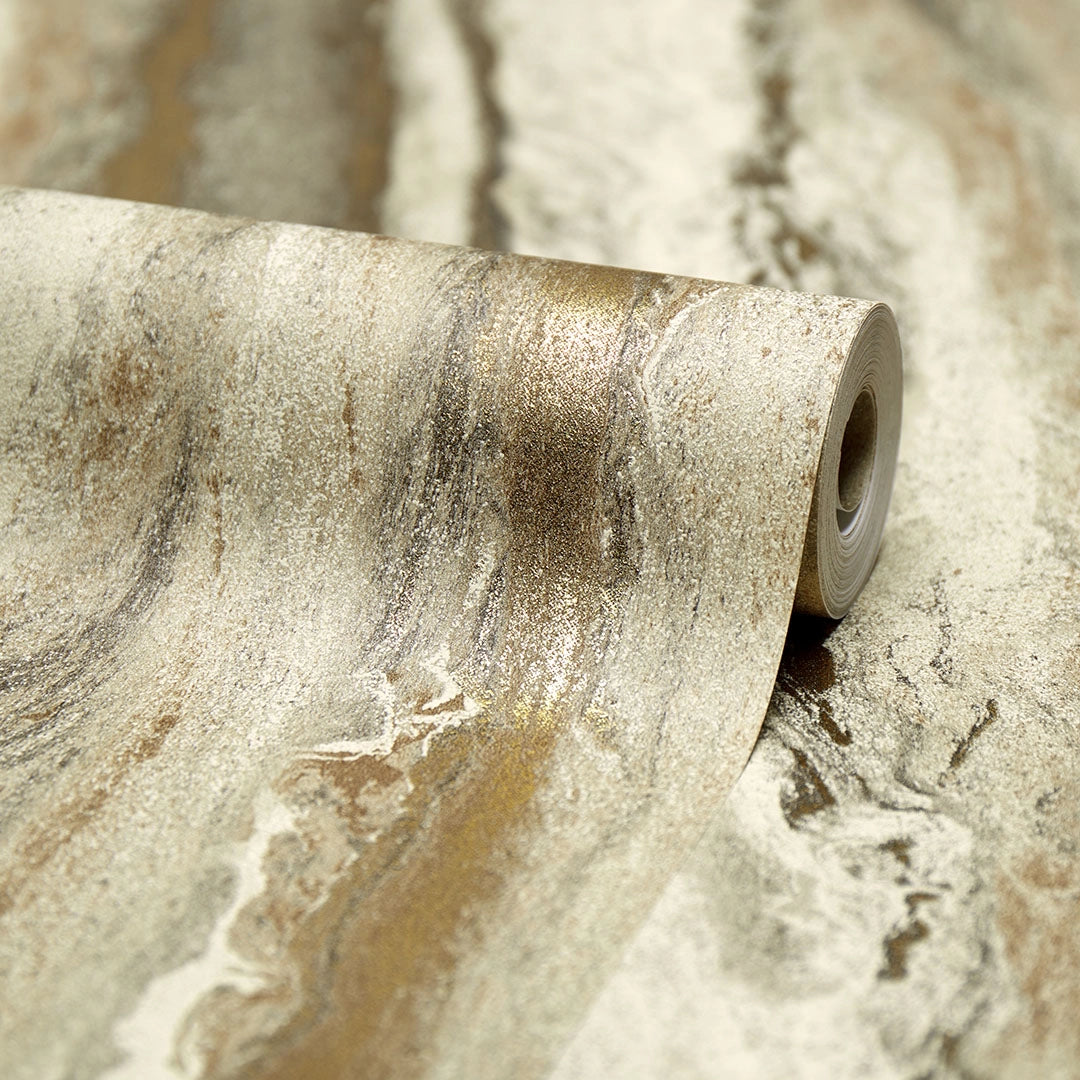 Zeus Metallic Wallpaper in Warm Grey and Sand and Metallic Gold