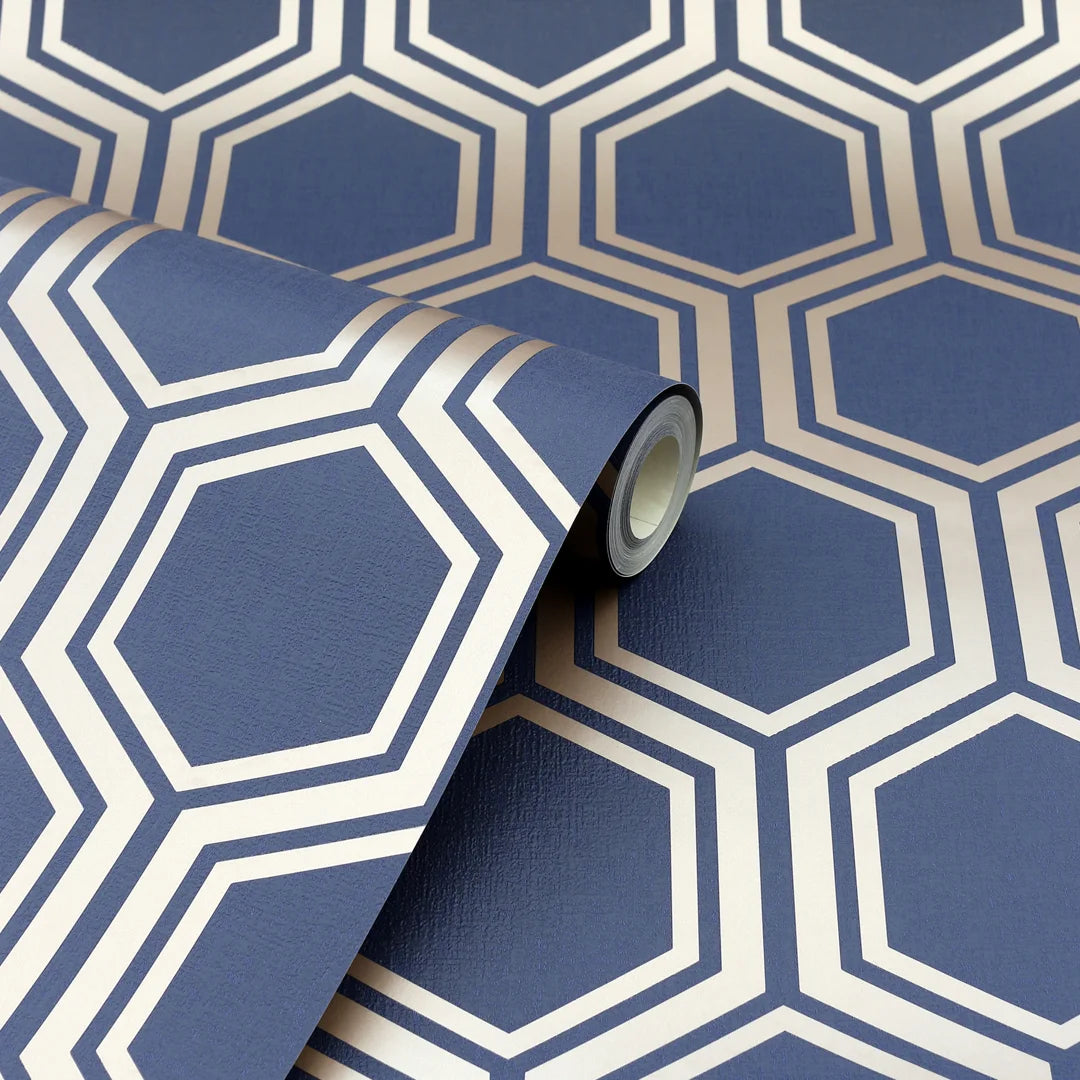 Luxe Hexagon Wallpaper in Navy and Gold