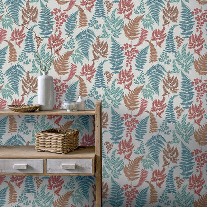 Botanical Fern Wallpaper in Teal and Red