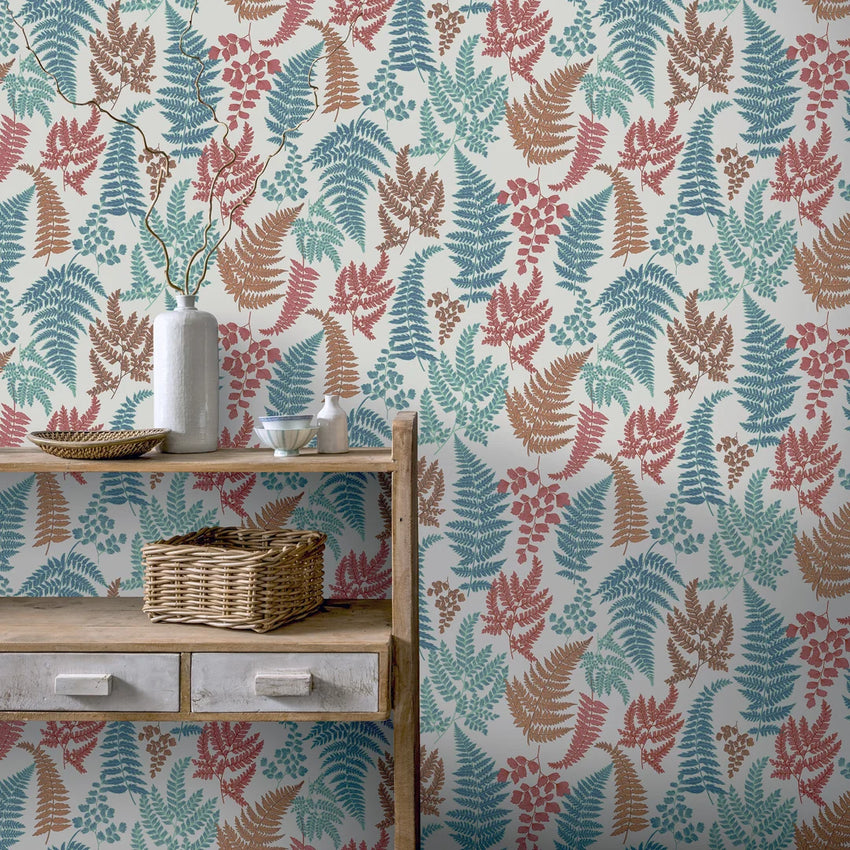 Botanical Fern Wallpaper in Teal and Red