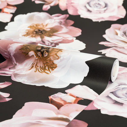 Floral Bloom Wallpaper in Charcoal and Pink