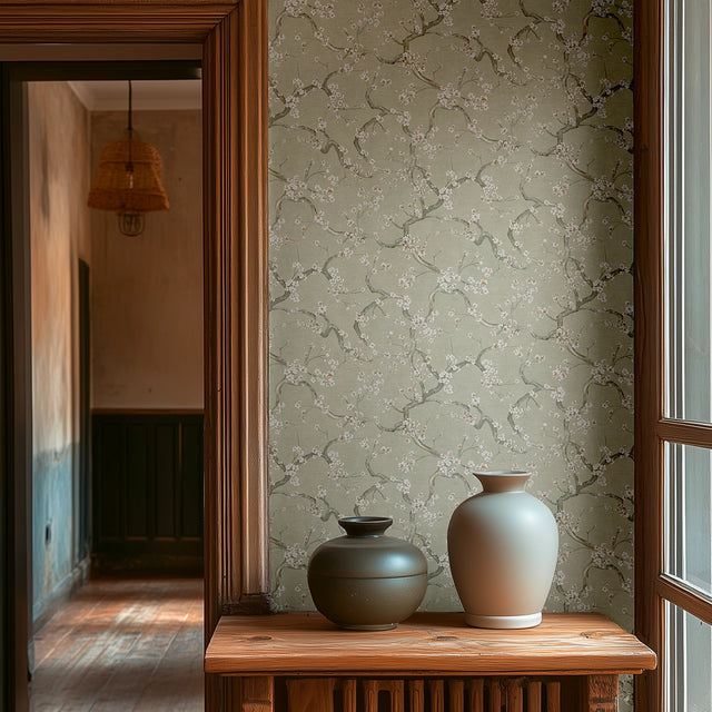 Oriental Blossom Wallpaper in Sage Green