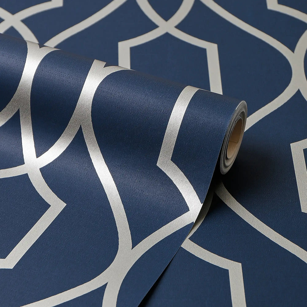 Sinuous Trellis Wallpaper in Navy with Silver Metallic