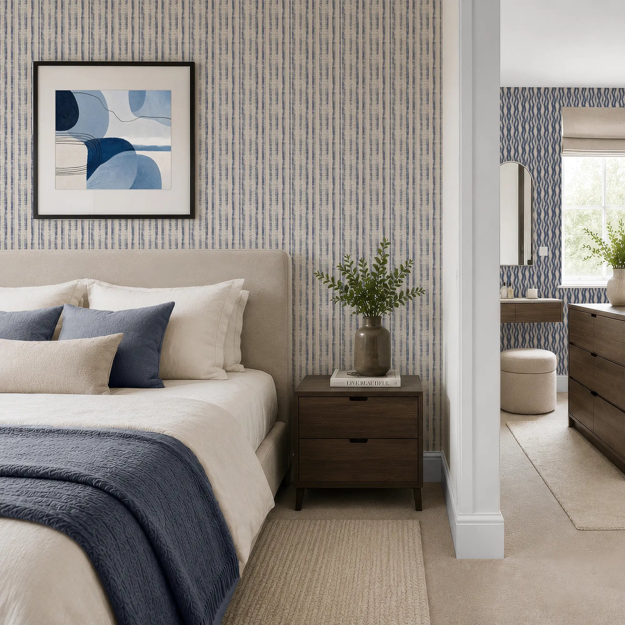 Artisan Stripe Wallpaper in Blue on Cream