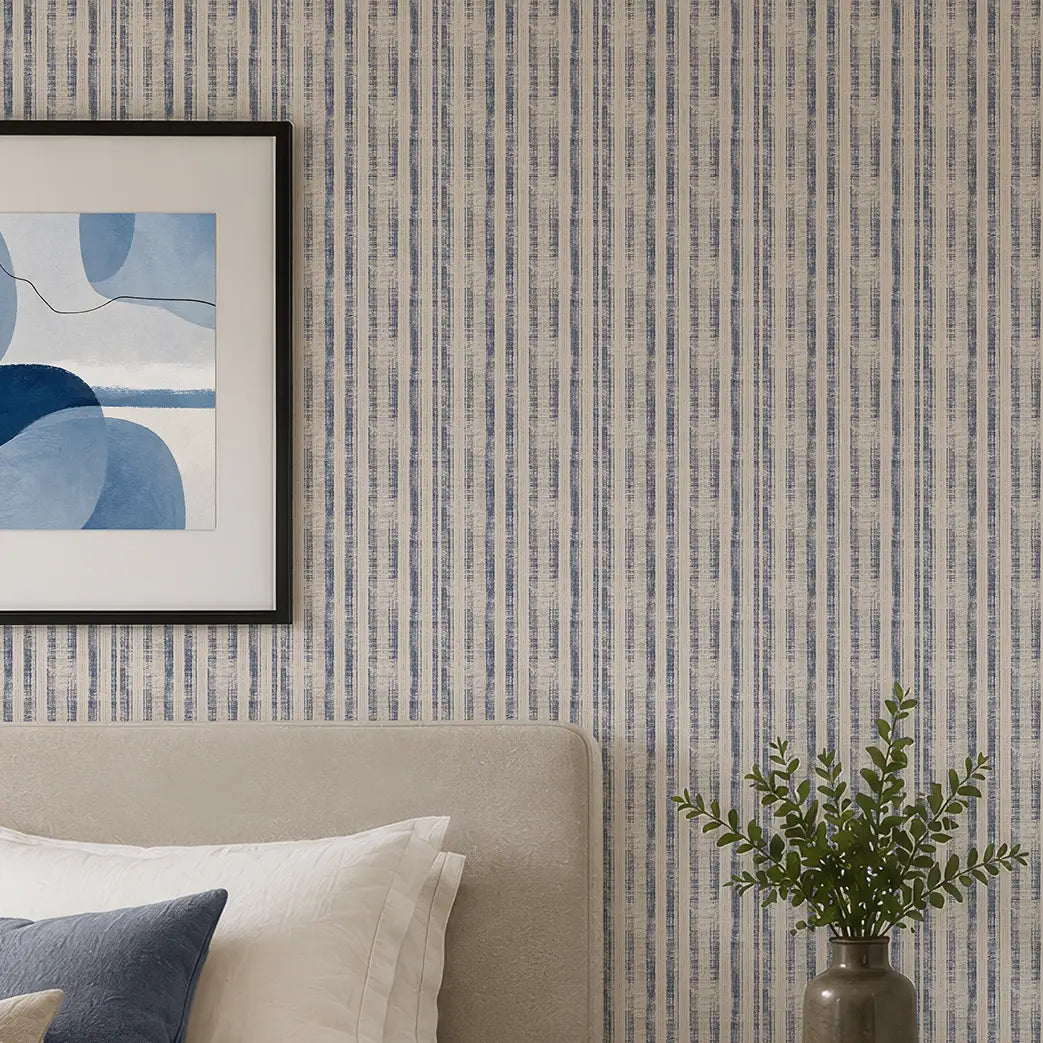 Artisan Stripe Wallpaper in Blue on Cream