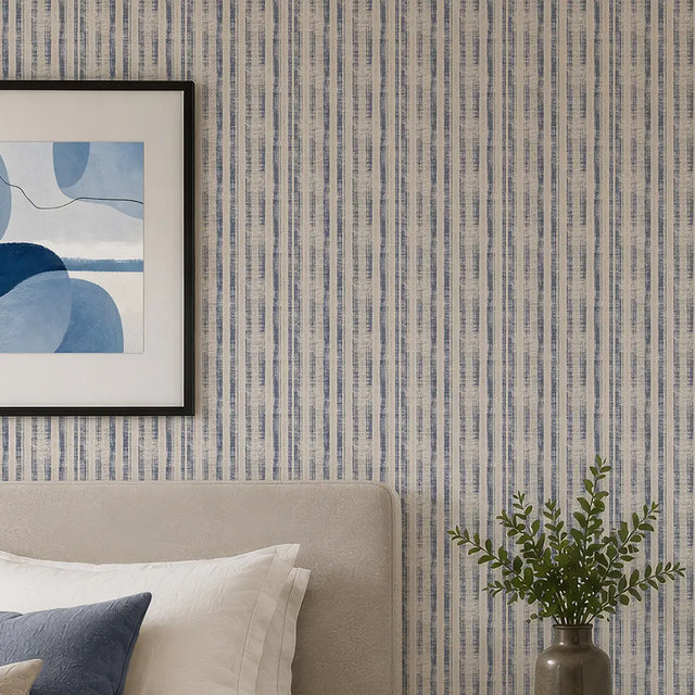 Artisan Stripe Wallpaper in Blue on Cream