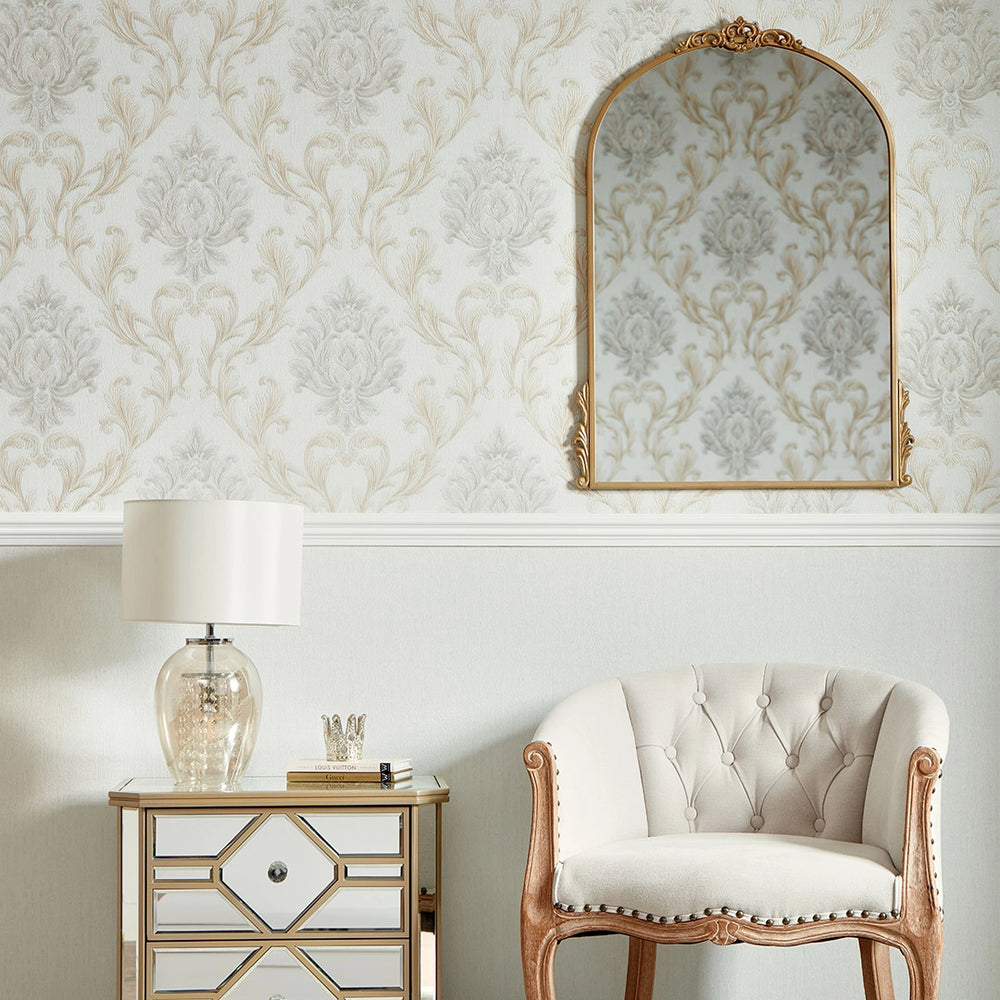 Aurora Damask Wallpaper in Duck Egg Green with vintage Cream and Gold