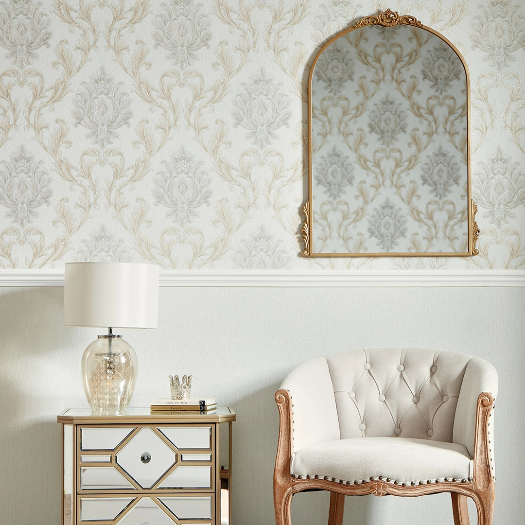 Aurora Damask Wallpaper in Duck Egg Green with vintage Cream and Gold