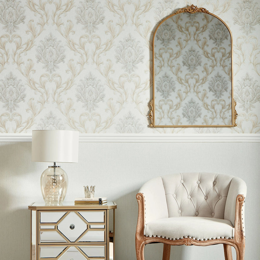 Aurora Damask Wallpaper in Duck Egg Green with vintage Cream and Gold