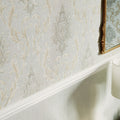 Aurora Damask Wallpaper in Duck Egg Green with vintage Cream and Gold
