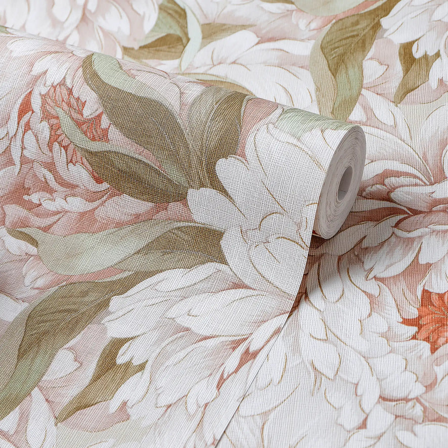 Beautiful Blooms Wallpaper in Peach White with Gold
