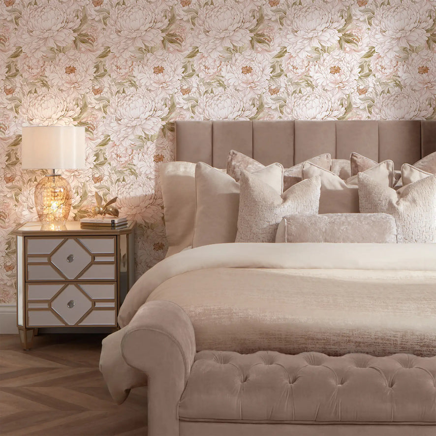 Beautiful Blooms Wallpaper in Peach White with Gold