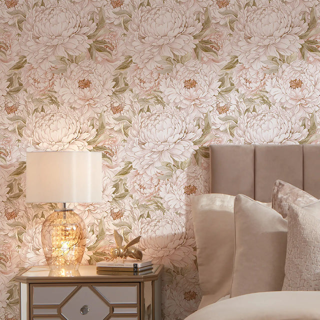 Beautiful Blooms Wallpaper in Peach White with Gold