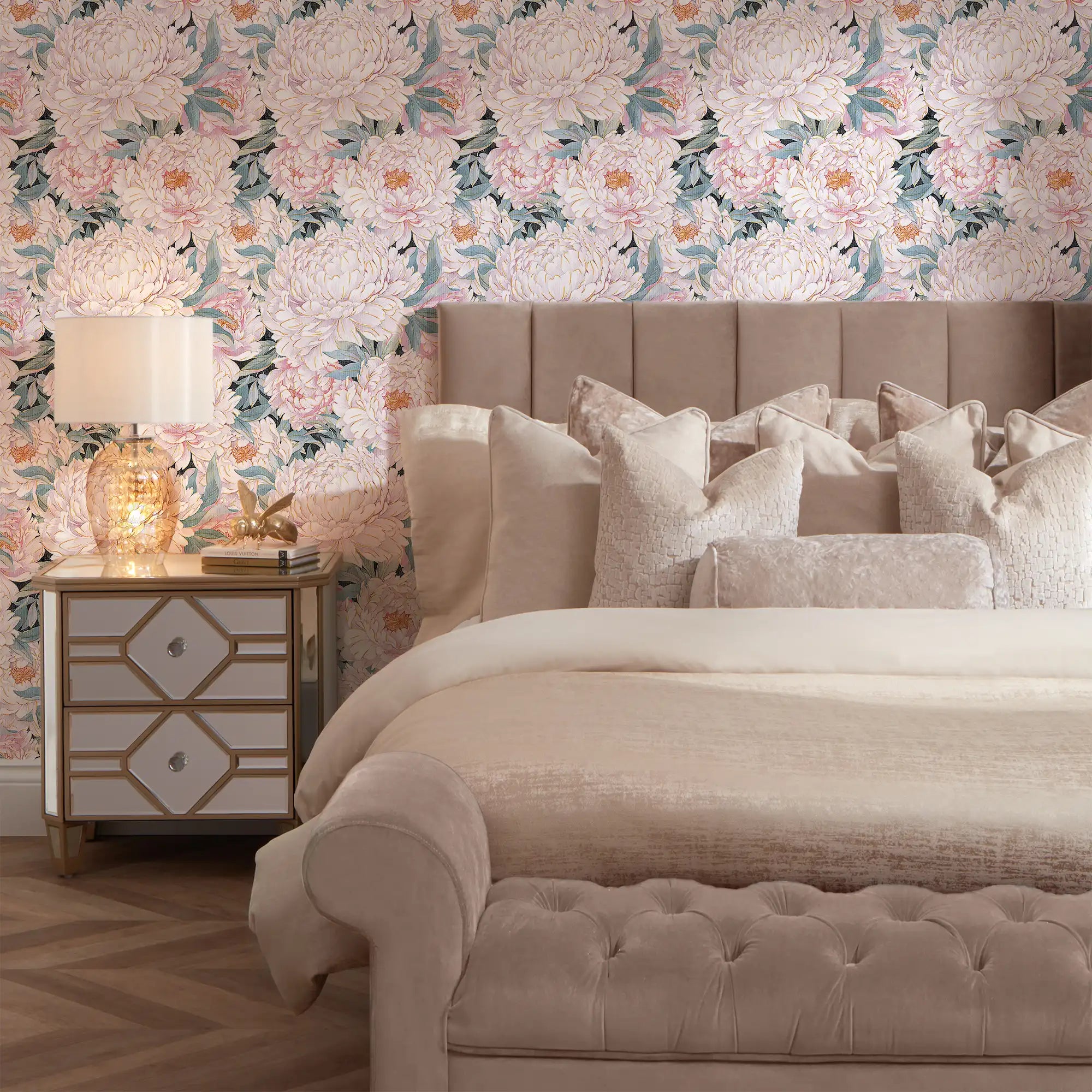 Beautiful Blooms Wallpaper in Pinks with Gold