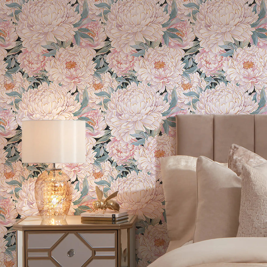 Beautiful Blooms Wallpaper in Pinks with Gold