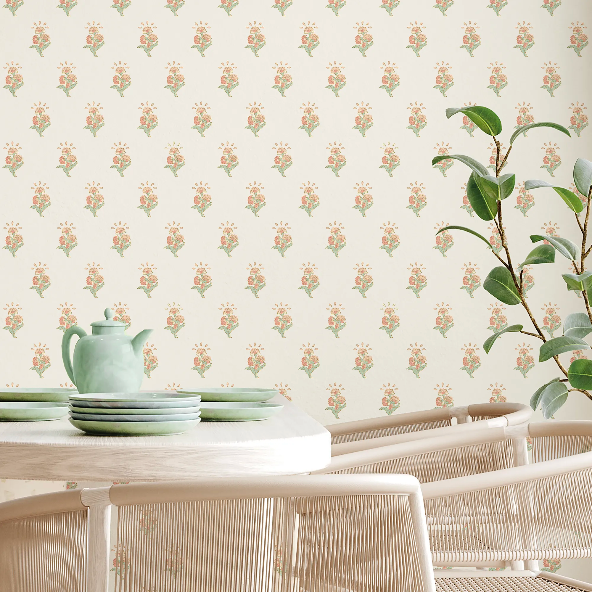 Boho Bouquet Wallpaper in Peach and Green