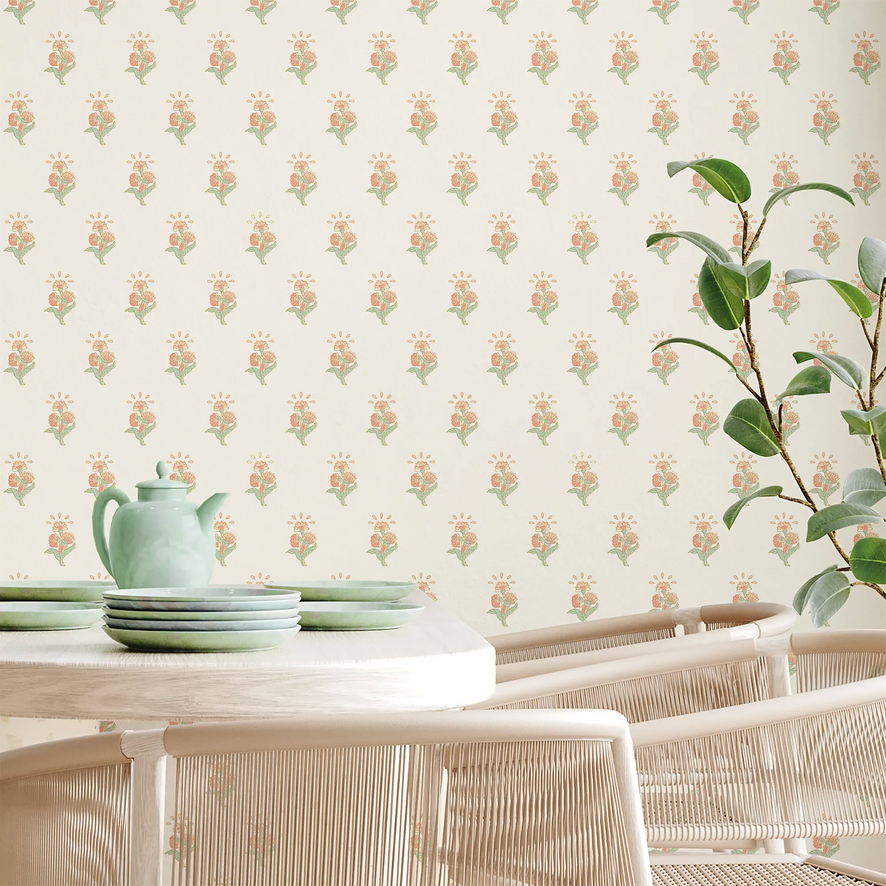 Boho Bouquet Wallpaper in Peach and Green
