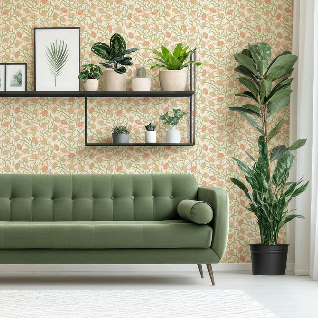 Boho Tendrils Wallpaper in Peach and Green